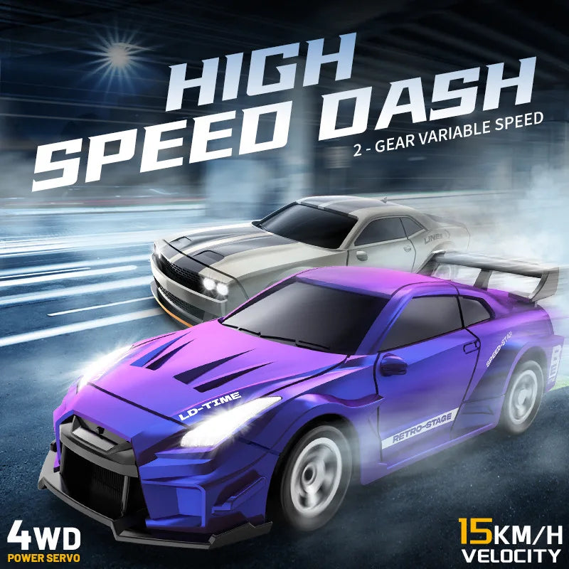 A purple high-speed dash 4WD remote control car is shown in a dynamic racing pose.