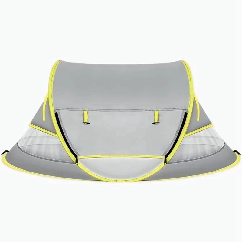 Gray instant pop-up baby tent with yellow trim and breathable mesh