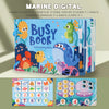 A colorful busy book for toddlers featuring marine animals and learning mats.