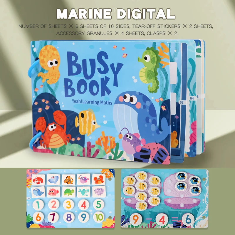 A colorful busy book for toddlers featuring marine animals and learning mats.