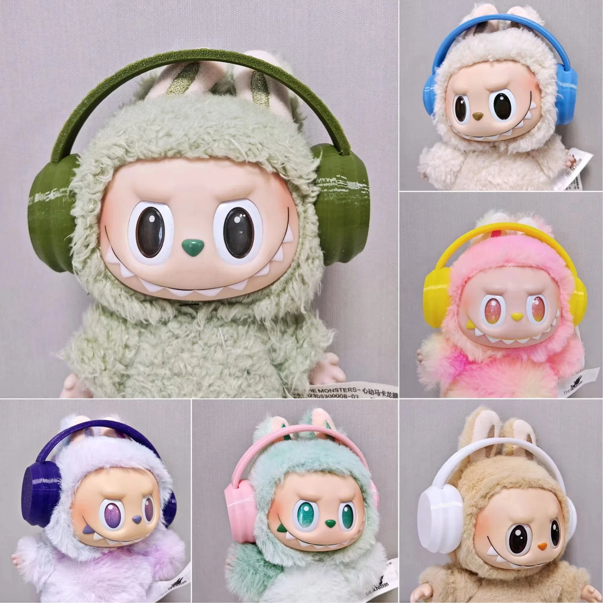 Labubu doll outfit set featuring a Mr. Black Bear hoodie with headphones in various pastel colors.