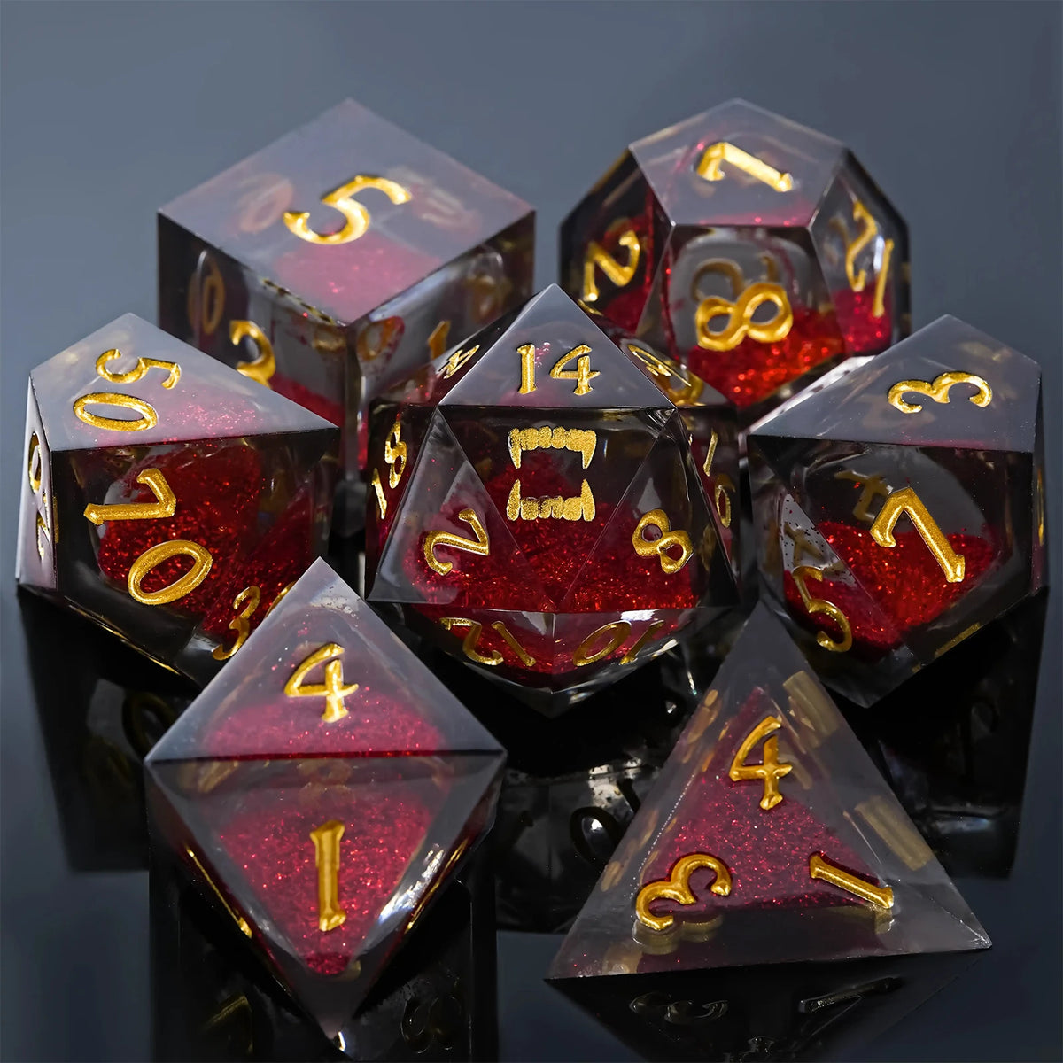 A collection of seven polyhedral liquid core resin dice in various colors and angles