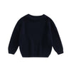 A navy blue knit pullover sweater for kids with long sleeves.