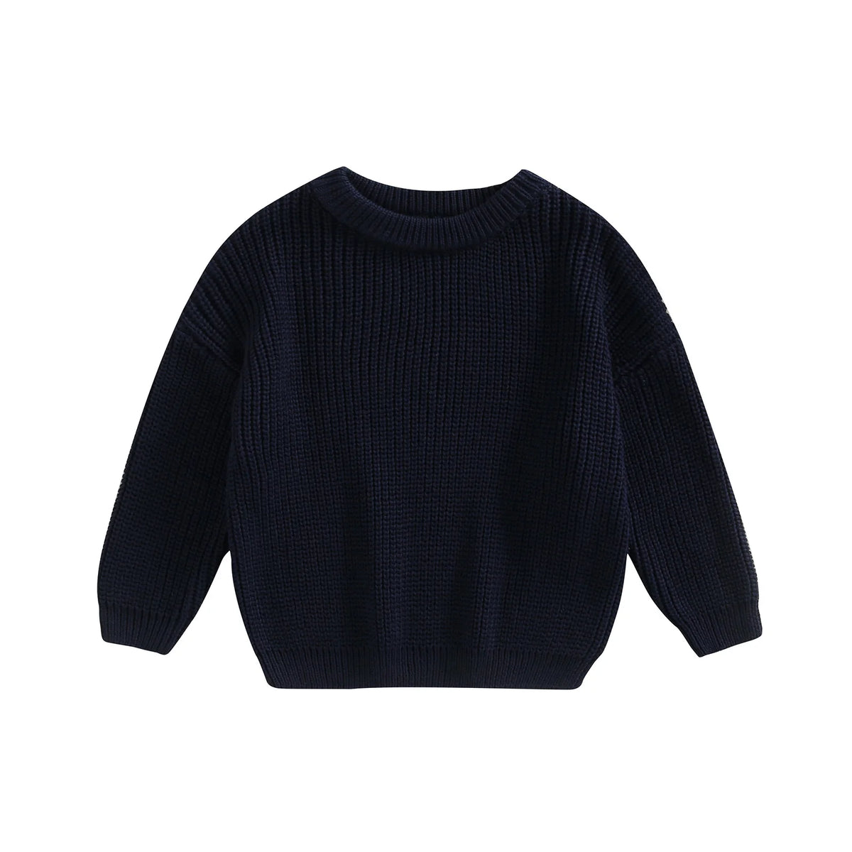 A navy blue knit pullover sweater for kids with long sleeves.