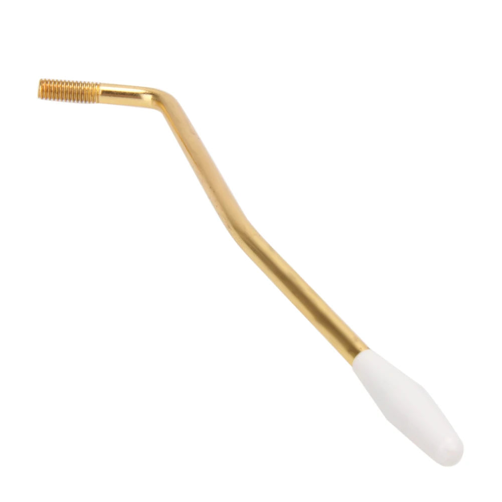 A brass replacement tremolo arm for an electric guitar, featuring a threaded end and a white plastic tip.