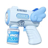 A light blue electric bubble gun with a clear bottle of bubble solution and a large wing-shaped nozzle.