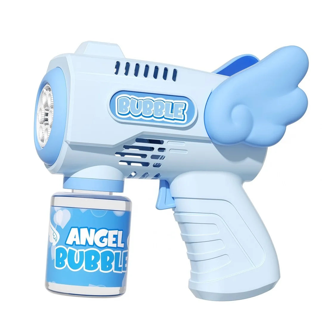 A light blue electric bubble gun with a clear bottle of bubble solution and a large wing-shaped nozzle.