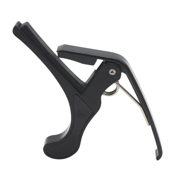 Black universal metal guitar capo tuning clamp with a silver tuning key.