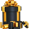 A set of nested black and gold screw gift boxes with decorative ribbon and cylindrical components.