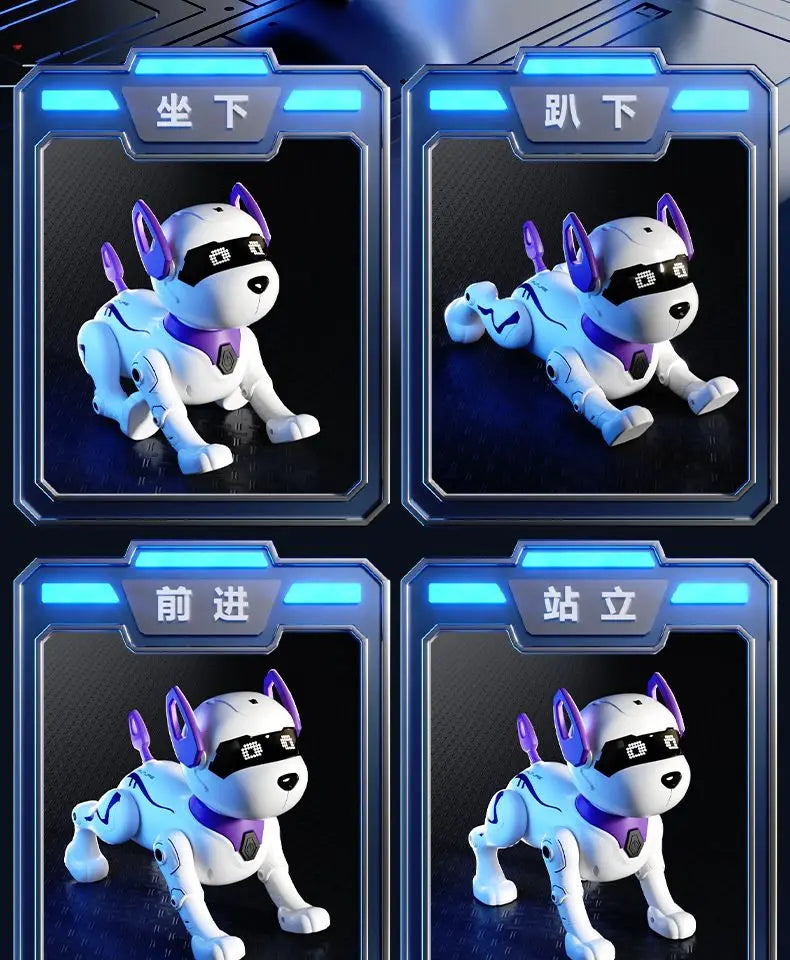 A white and black robotic dog figure is shown in four different poses, labeled for different actions like Sit, Lie Down, Forw