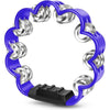 A blue petal-shaped hand-cranked tambourine with a silver grip and black base.