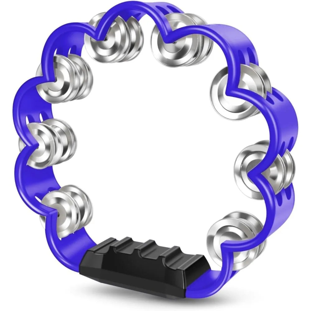 A blue petal-shaped hand-cranked tambourine with a silver grip and black base.