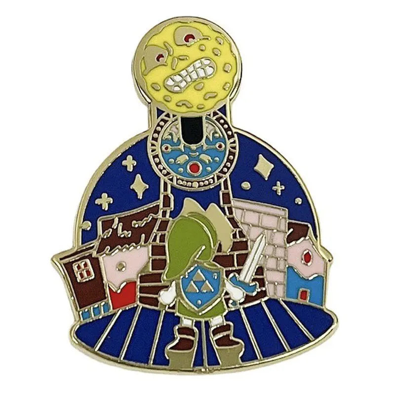 An enamel pin featuring a cartoon skull and a medieval knight in armor set against a blue background.