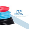 A stack of red and blue PLA filament tubes for 3D printing and pens, with an accuracy guarantee text.