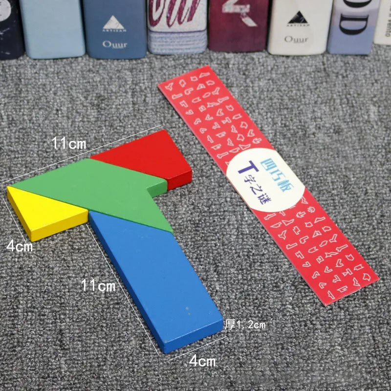 A wooden tangram puzzle featuring geometric shapes including a red, green, yellow, and blue piece alongside a rectangular car