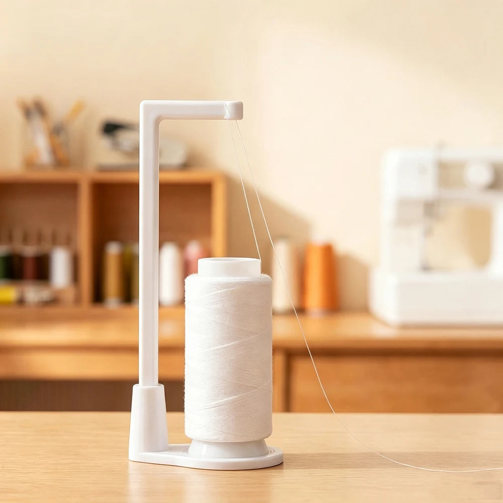 A white vertical spool holder for thread with a guide for anti-tangle thread on a wooden table.