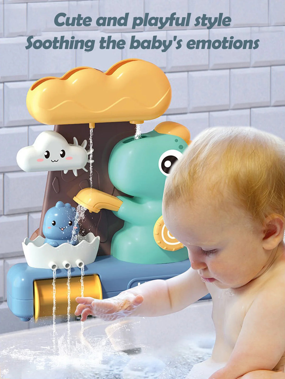 A baby is playing with a dinosaur bath toy sprinkler that sprays water into a bathtub.