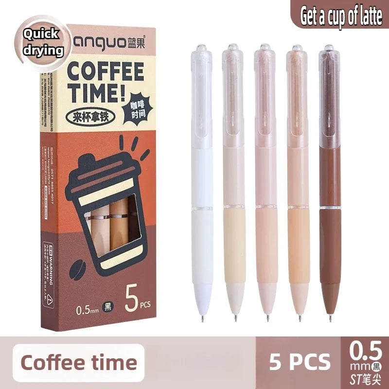A set of five quick-drying gel pens with smooth 0.5mm tips in various natural wood and beige colors.