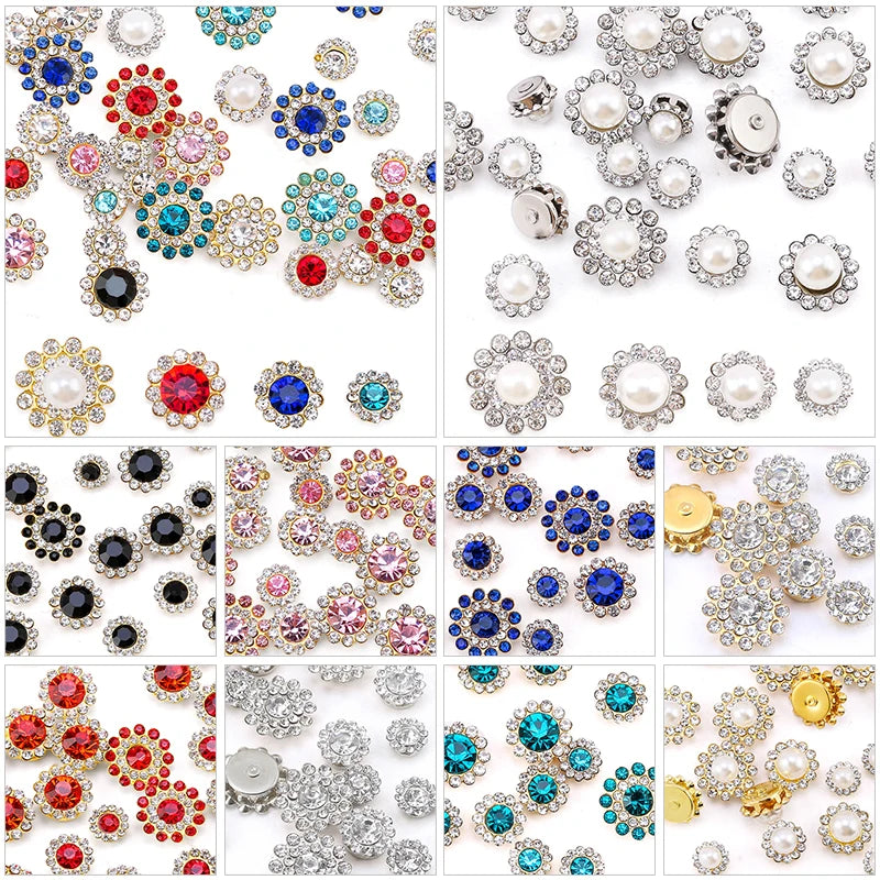 A collection of crystal glass sunflower claw rhinestones and various decorative sequins and beads.