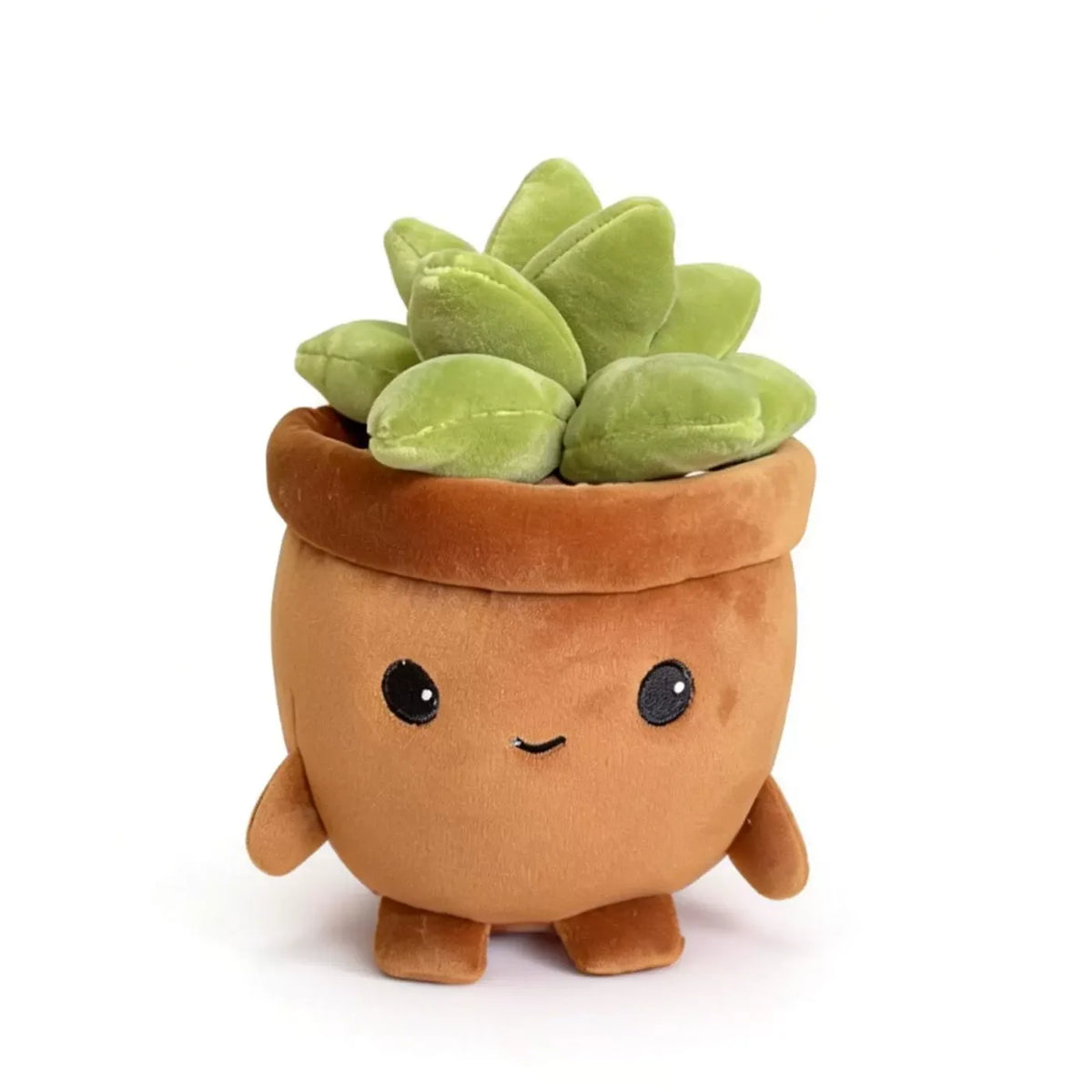 A small, round brown plush toy shaped like a pot holding green succulent leaves.