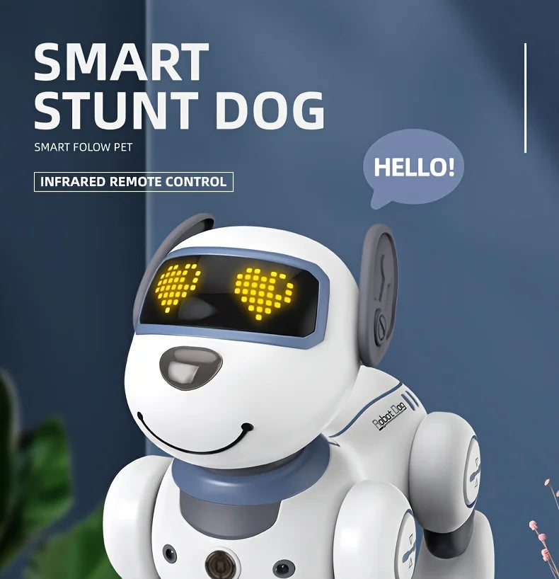 Un chien robot acrobate blanc avec des yeux jaunes lumineux et un collier gris sur fond sombre.