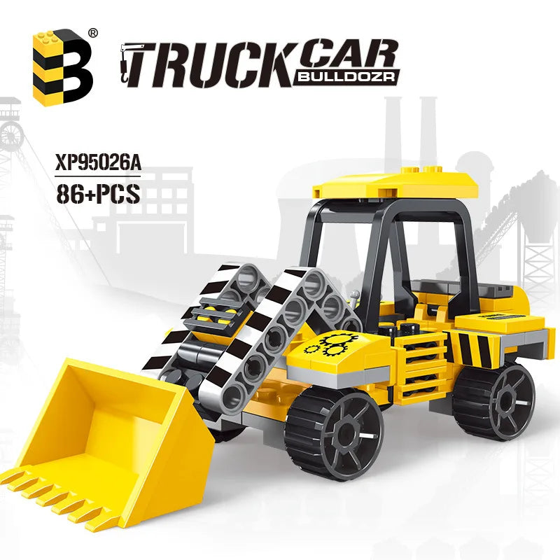 Yellow and black truck car bulldozer building blocks set with an attached yellow shovel attachment
