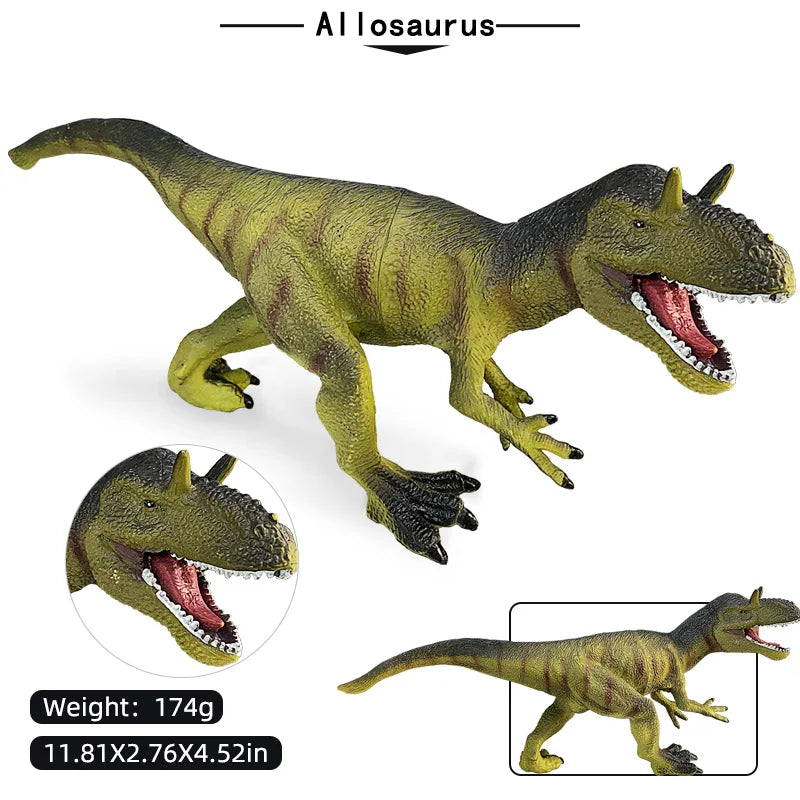 A realistic hand-painted Allosaurus dinosaur figure in green and brown tones.