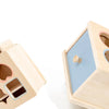 A light wood sorting box with a blue insert and a wooden lid, designed for Montessori learning.
