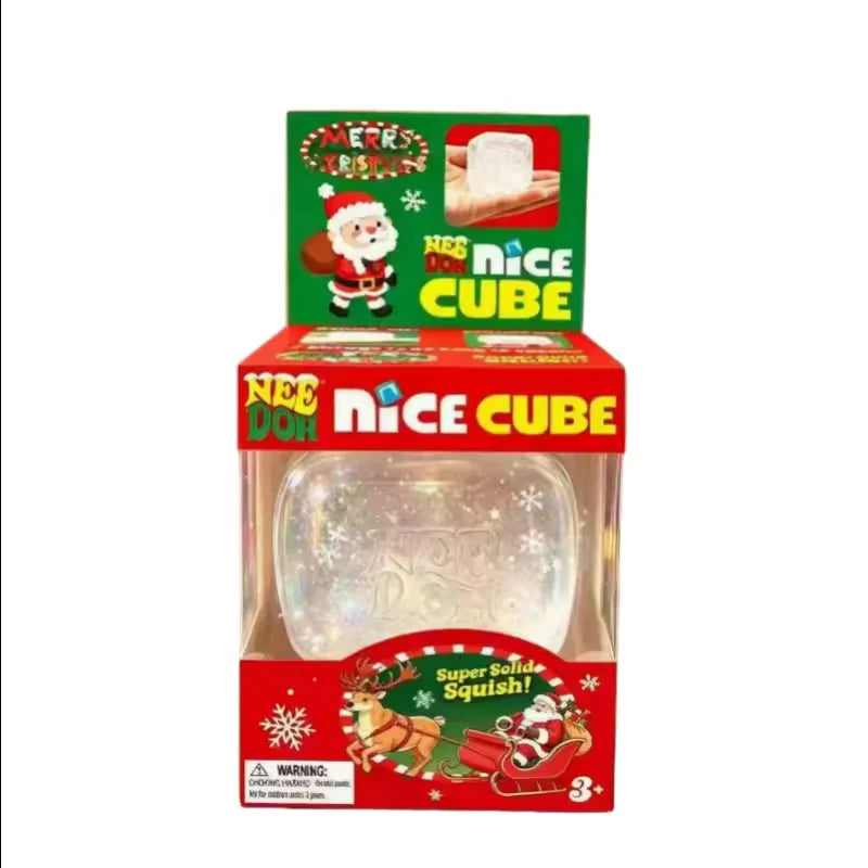 A box of Nee Doh Nice Cube fidget toy with a clear plastic cube inside.