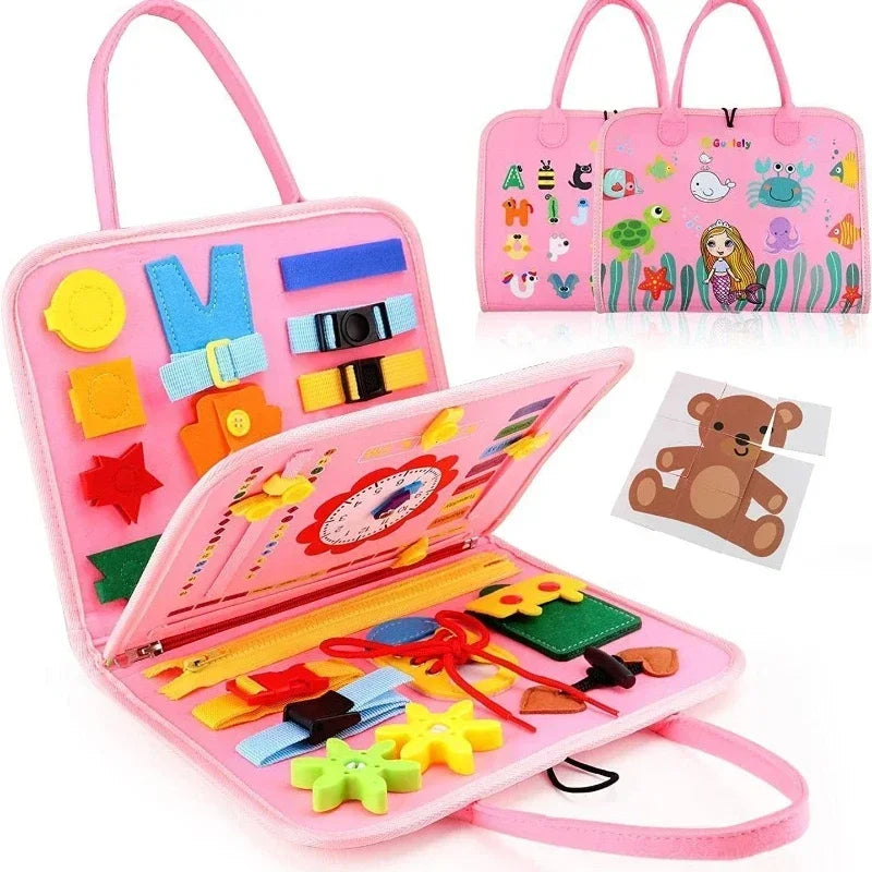 Pink Montessori felt activity busy book for toddlers featuring a dinosaur theme with various colorful felt pieces