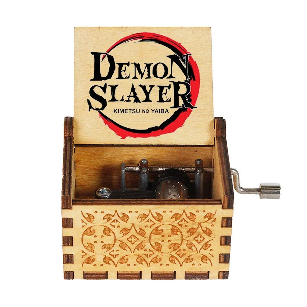 Hand-Cranked Wooden Music Box – Demon Slayer Carved Design