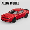 A red diecast model of a Dodge Challenger SRT Hellcat sports car.