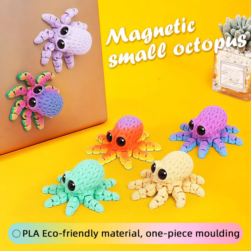 A collection of plastic octopus magnets in various colors including purple, orange, blue, and green on a yellow background.