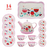 A pink and white metal pretend play tea set featuring a serving platter, cups, and teapot for children.