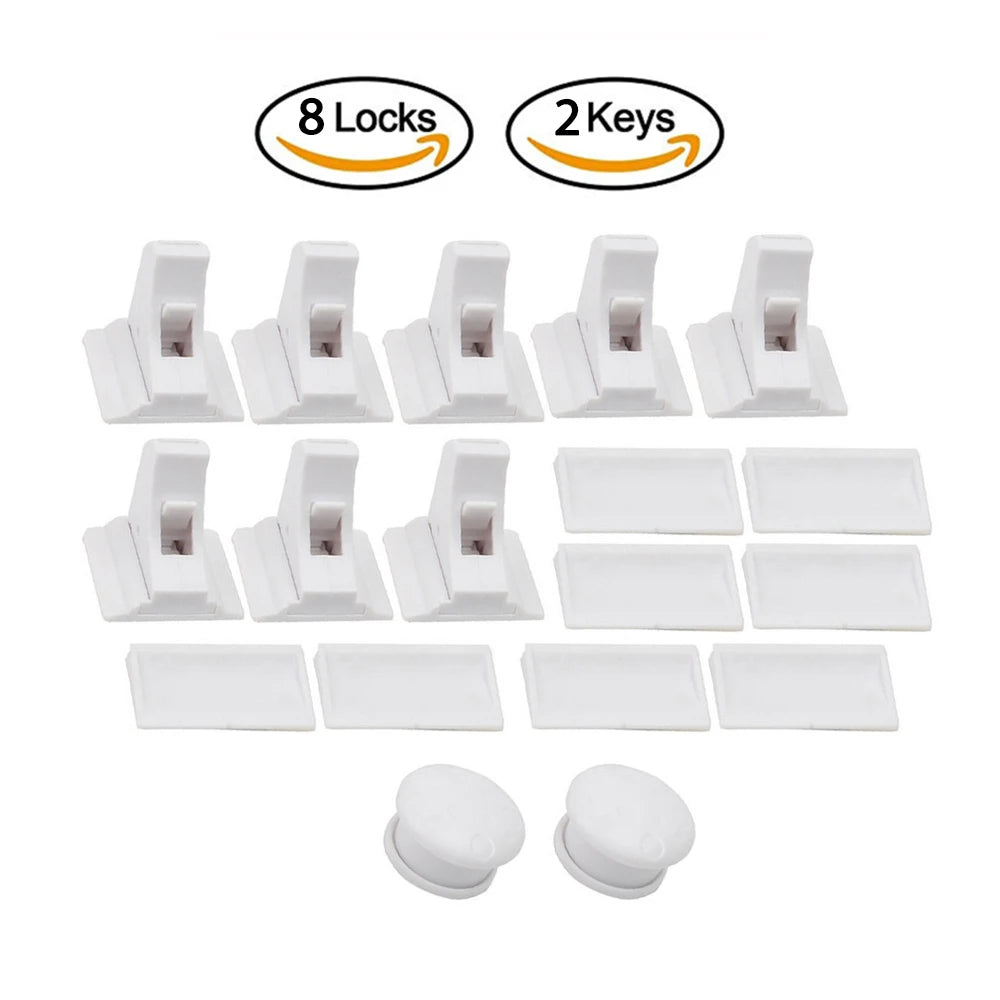 Set of magnetic cabinet door locks including 8 locks, 2 keys, and various lock components for child safety