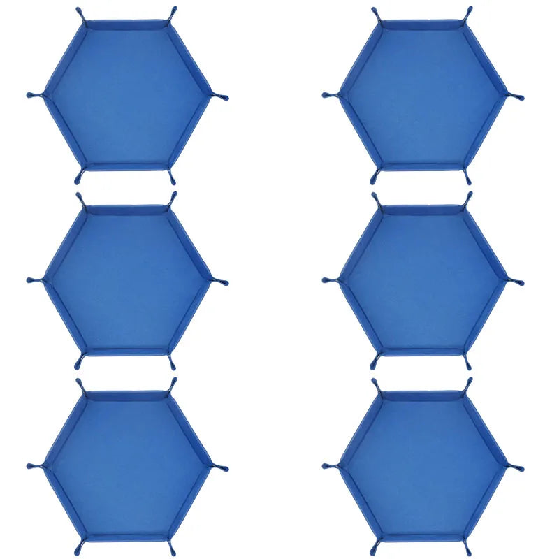 A set of three foldable blue PU leather hexagonal dice trays for tabletop games and desk organization.