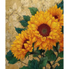 A vibrant painting of large yellow sunflowers on a textured background.