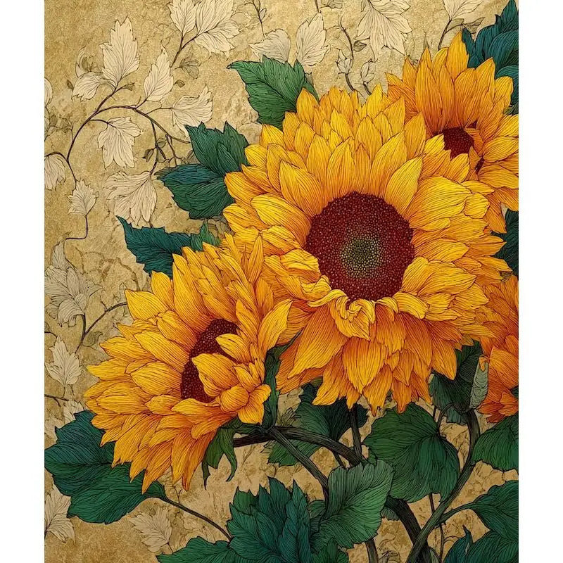 A vibrant painting of large yellow sunflowers on a textured background.