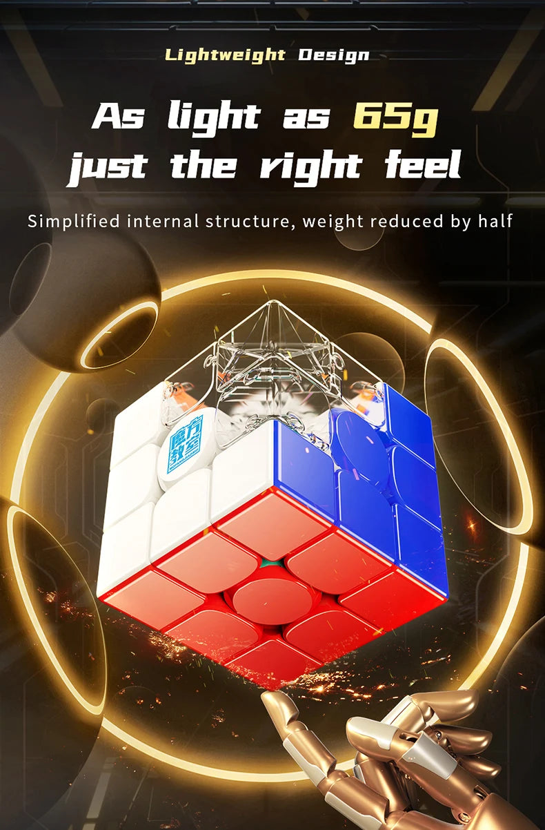 A close-up view of a MoYu RS3M V5 3x3 magnetic speed cube with red and blue pieces, set against a dark background.