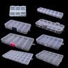 Various plastic storage boxes with dividers for jewelry and craft supplies shown in different arrangements