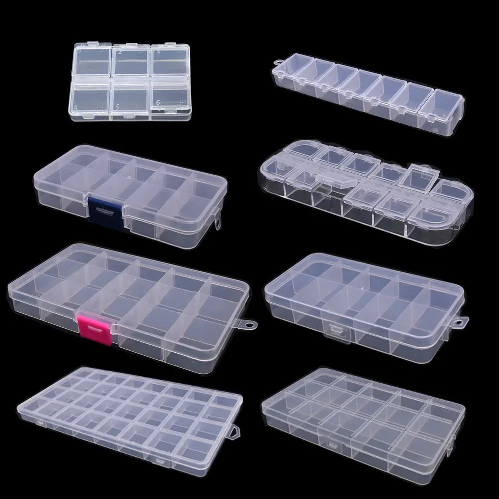 Various plastic storage boxes with dividers for jewelry and craft supplies shown in different arrangements