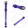 A purple 8-hole soprano recorder with a cleaning rod shown in various views.