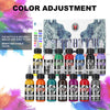 A collection of 14 colored tattoo ink bottles displayed against a purple background for professional body art and permanent m