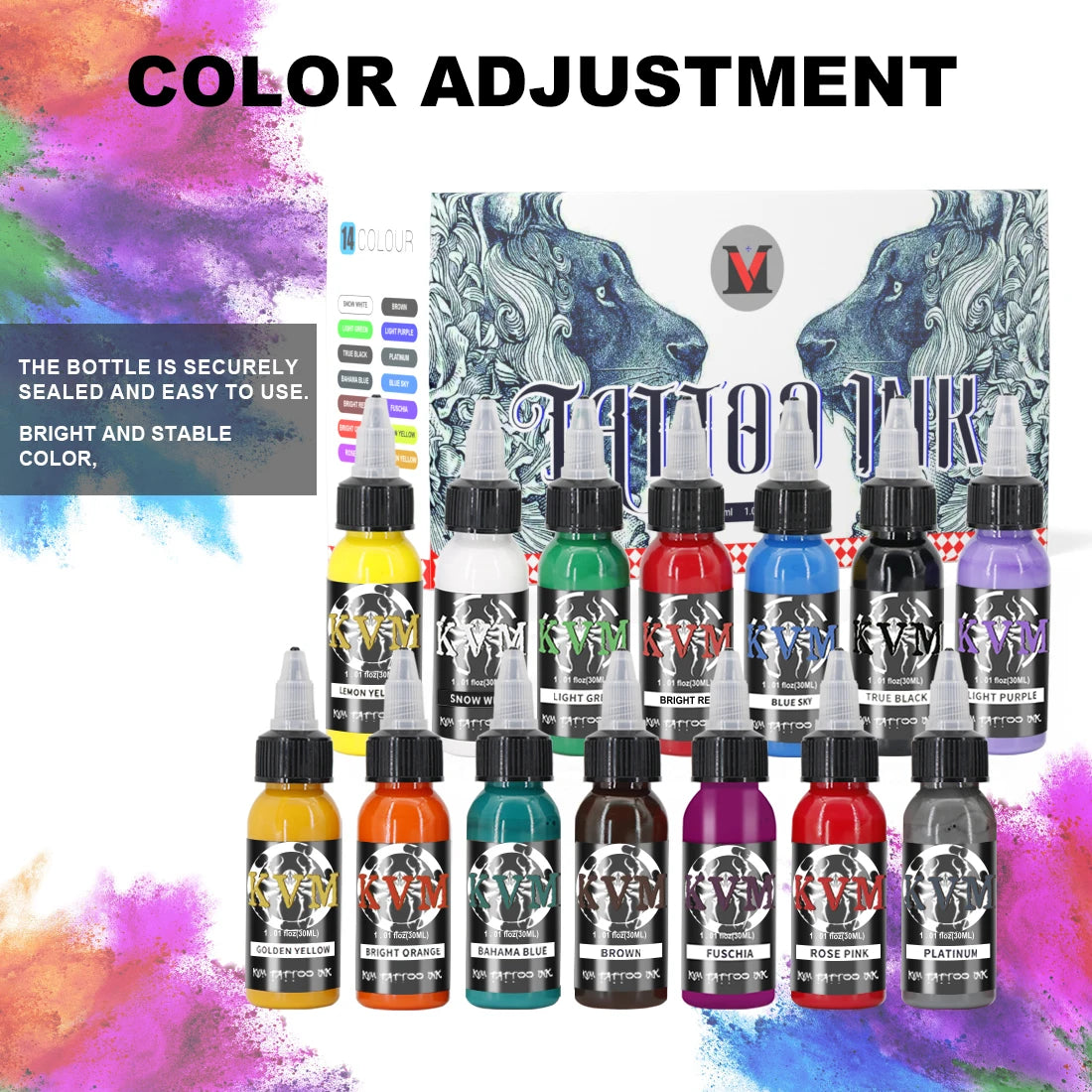 A collection of 14 colored tattoo ink bottles displayed against a purple background for professional body art and permanent m