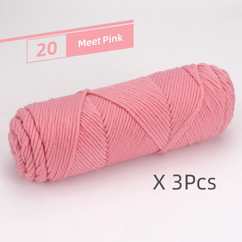 A skein of pink yarn is shown, labeled as Meet Pink, with a quantity of 3 pieces.