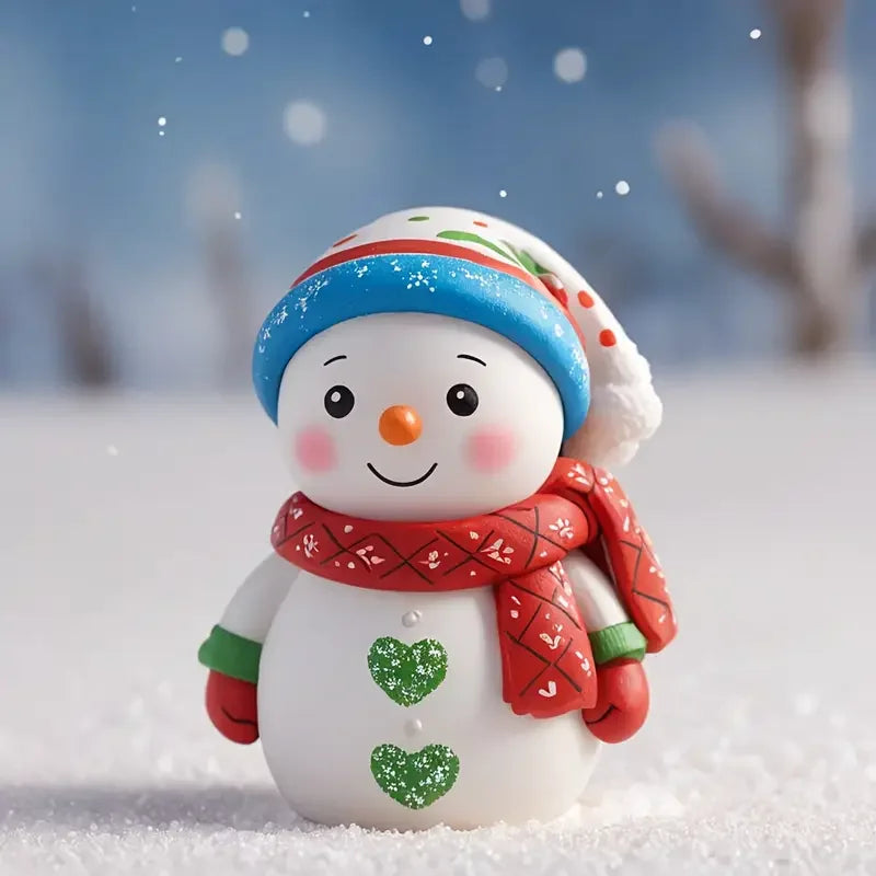 A cute white snowman figure decorated with colorful accents, standing in the snow.