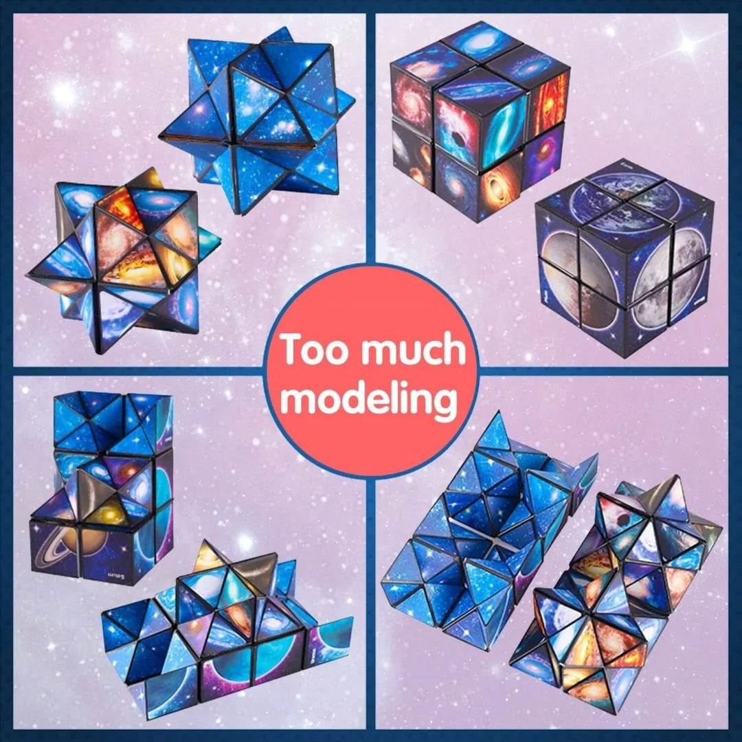 A collection of colorful, geometric cube puzzles featuring a starry sky design.