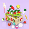 A wooden toy set featuring magnetic radish shapes and various vegetable models for matching and play.