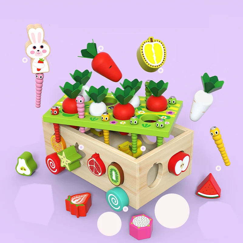 A wooden toy set featuring magnetic radish shapes and various vegetable models for matching and play.