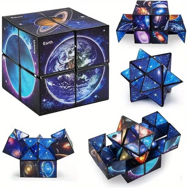 Färgglada 3D-stjärnmagi kuber med himlakroppar och kosmiska scener.
